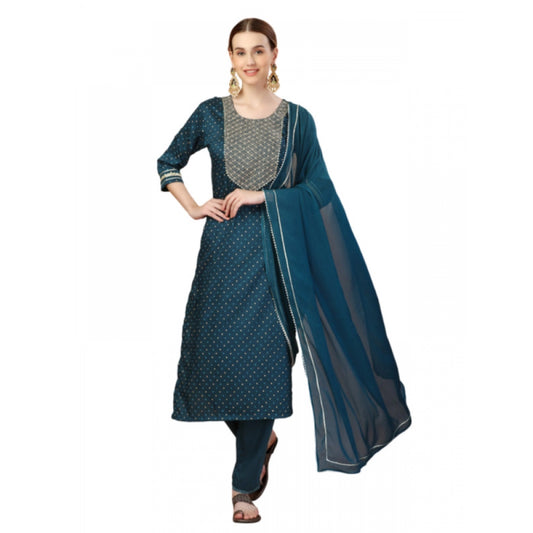 Amfyn Women's Casual 3-4 th Sleeve Embroidery Silk Blend Kurti Pant Dupatta Set (Blue)