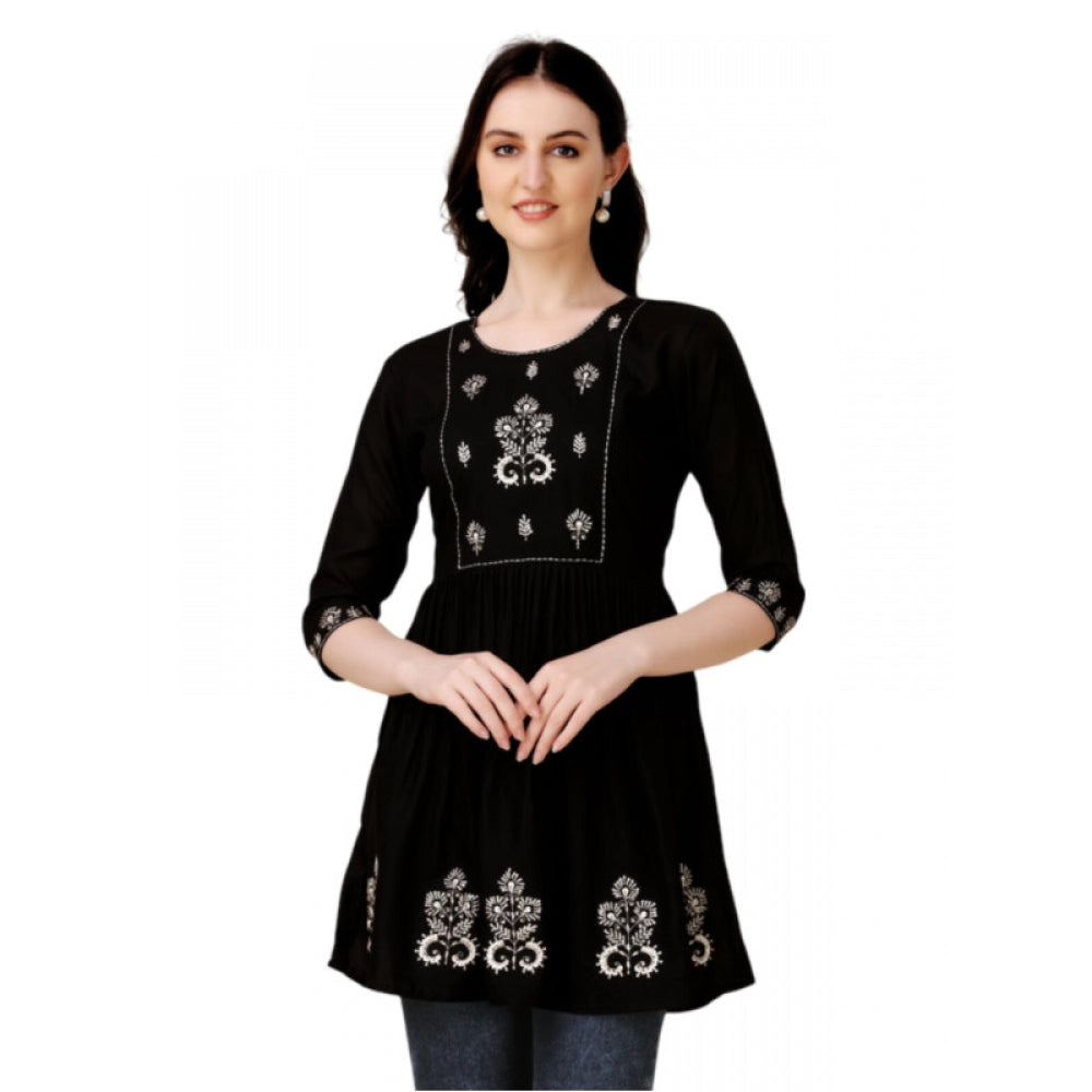 Amfyn Women's Casual 3-4 th Sleeve Embroidered Rayon Tunic Top (Black)