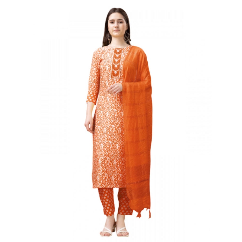 Amfyn Women's Casual 3-4 th Sleeve Embroidery Rayon Kurti Pant Dupatta Set (Orange)