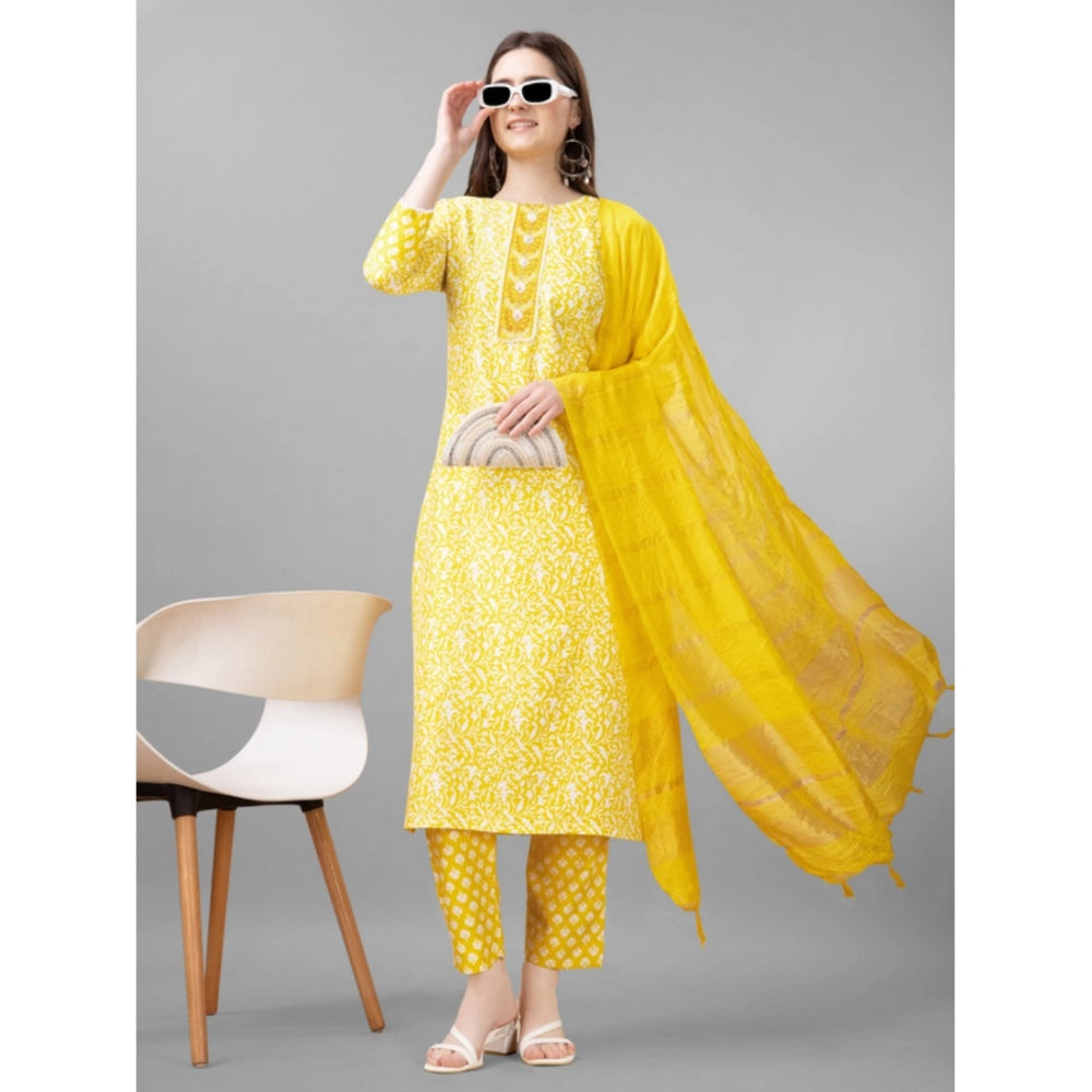 Amfyn Women's Casual 3-4 th Sleeve Embroidery Rayon Kurti Pant Dupatta Set (Yellow)