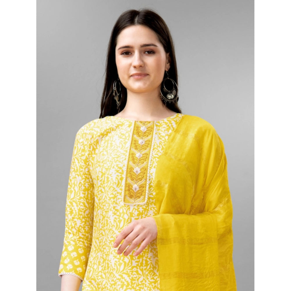 Amfyn Women's Casual 3-4 th Sleeve Embroidery Rayon Kurti Pant Dupatta Set (Yellow)