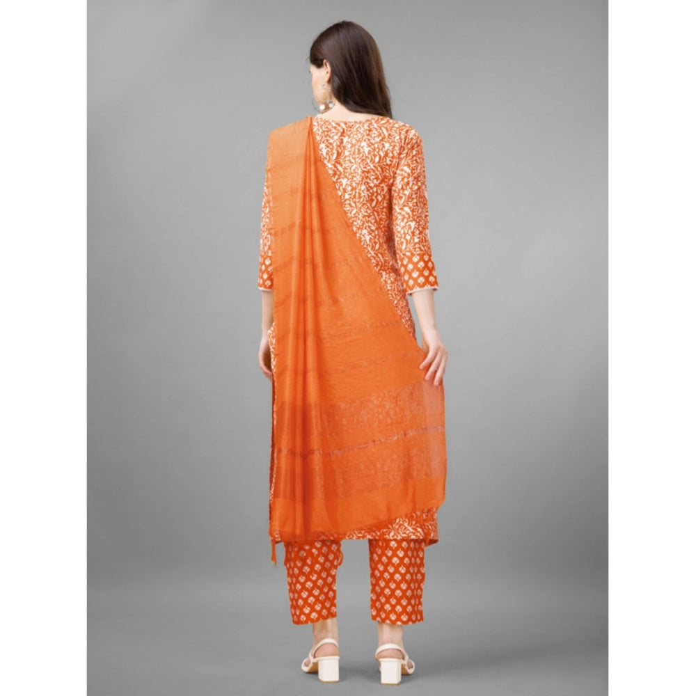 Amfyn Women's Casual 3-4 th Sleeve Embroidery Rayon Kurti Pant Dupatta Set (Orange)