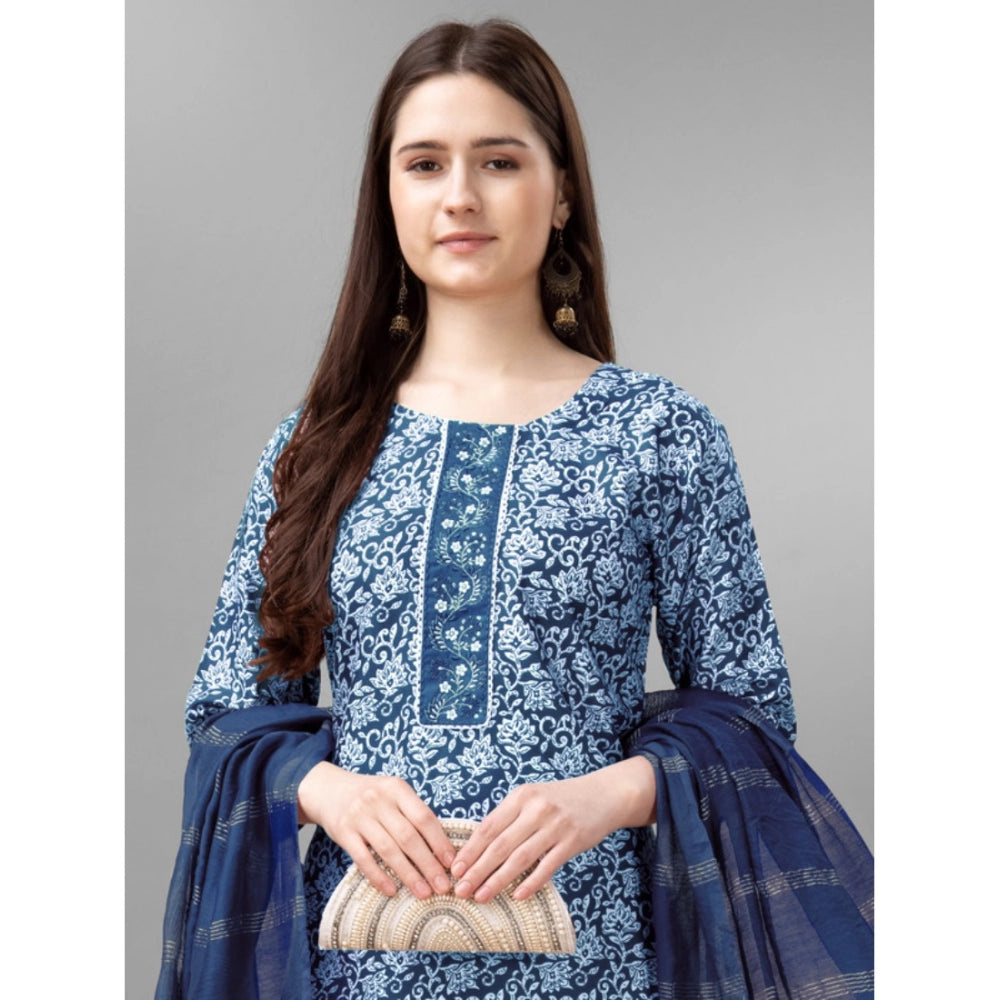 Amfyn Women's Casual 3-4 th Sleeve Embroidery Rayon Kurti Pant Dupatta Set (Light Blue)