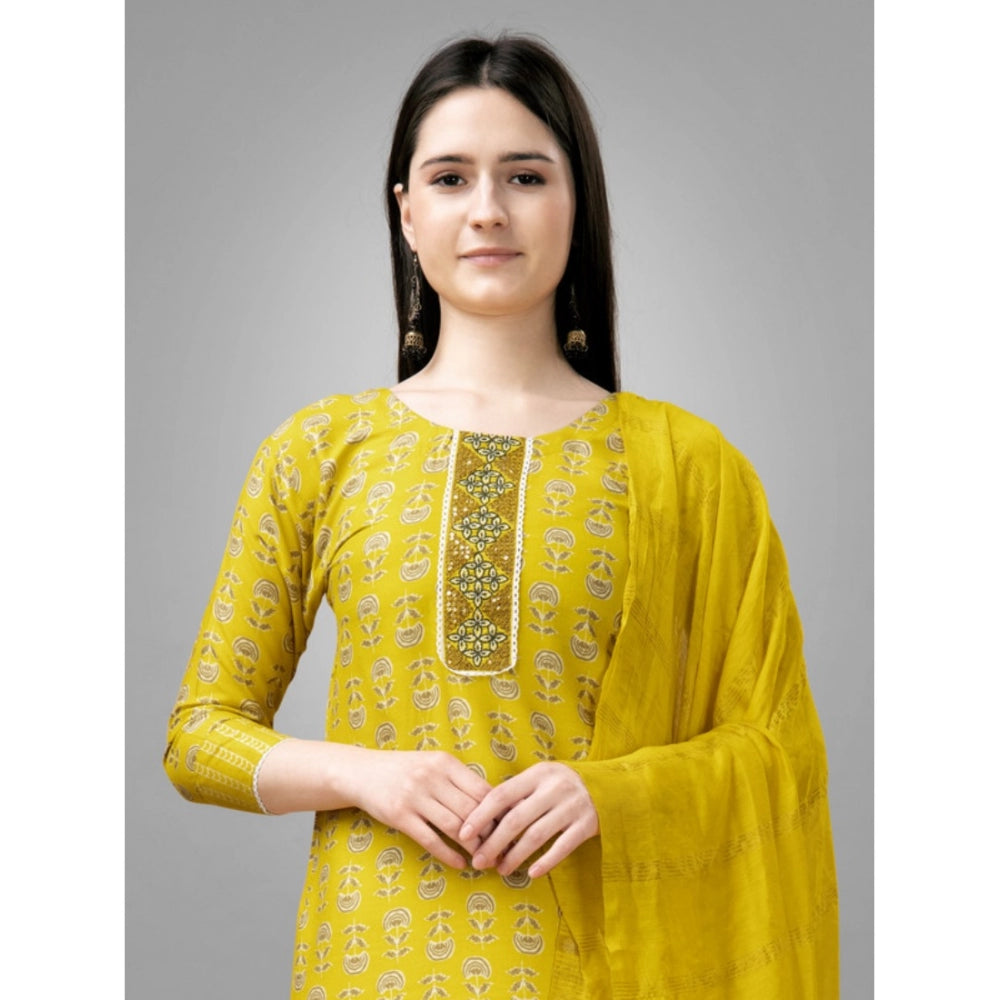 Amfyn Women's Casual 3-4 th Sleeve Embroidery Rayon Kurti Pant Dupatta Set (Yellow)