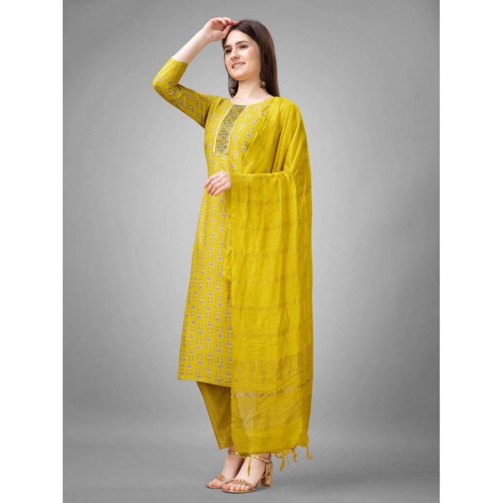 Amfyn Women's Casual 3-4 th Sleeve Embroidery Rayon Kurti Pant Dupatta Set (Yellow)