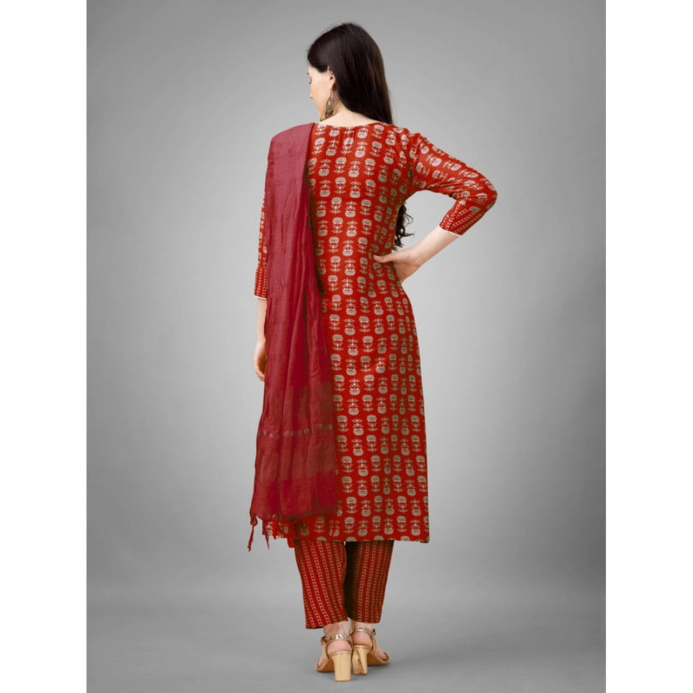 Amfyn Women's Casual 3-4 th Sleeve Embroidery Rayon Kurti Pant Dupatta Set (Maroon)