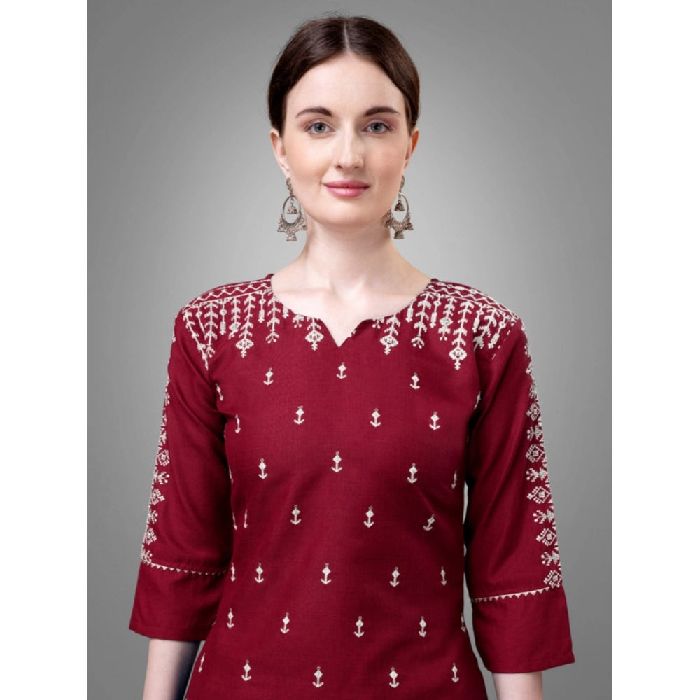 Amfyn Women's Casual 3-4 th Sleeve Embroidery Cotton Kurti Pant Dupatta Set (Maroon)