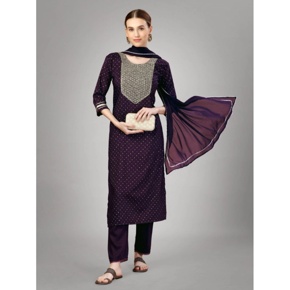 Amfyn Women's Casual 3-4 th Sleeve Embroidery Silk Blend Kurti Pant Dupatta Set (Purple)