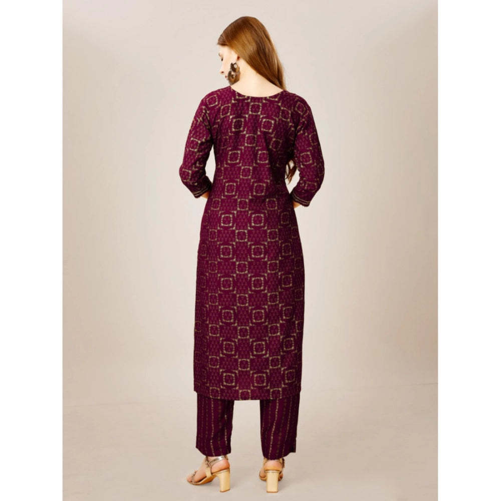 Amfyn Women's Casual 3-4 th Sleeve Embroidery Rayon Kurti Pant Set (Purple)