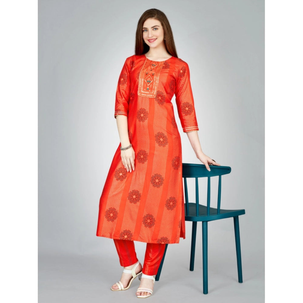 Amfyn Women's Casual 3-4 th Sleeve Embroidery Rayon Kurti Pant Set (Orange)