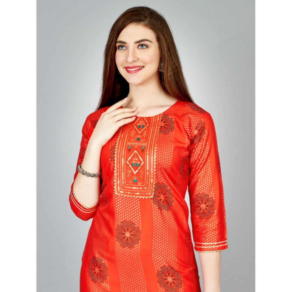 Amfyn Women's Casual 3-4 th Sleeve Embroidery Rayon Kurti Pant Set (Orange)