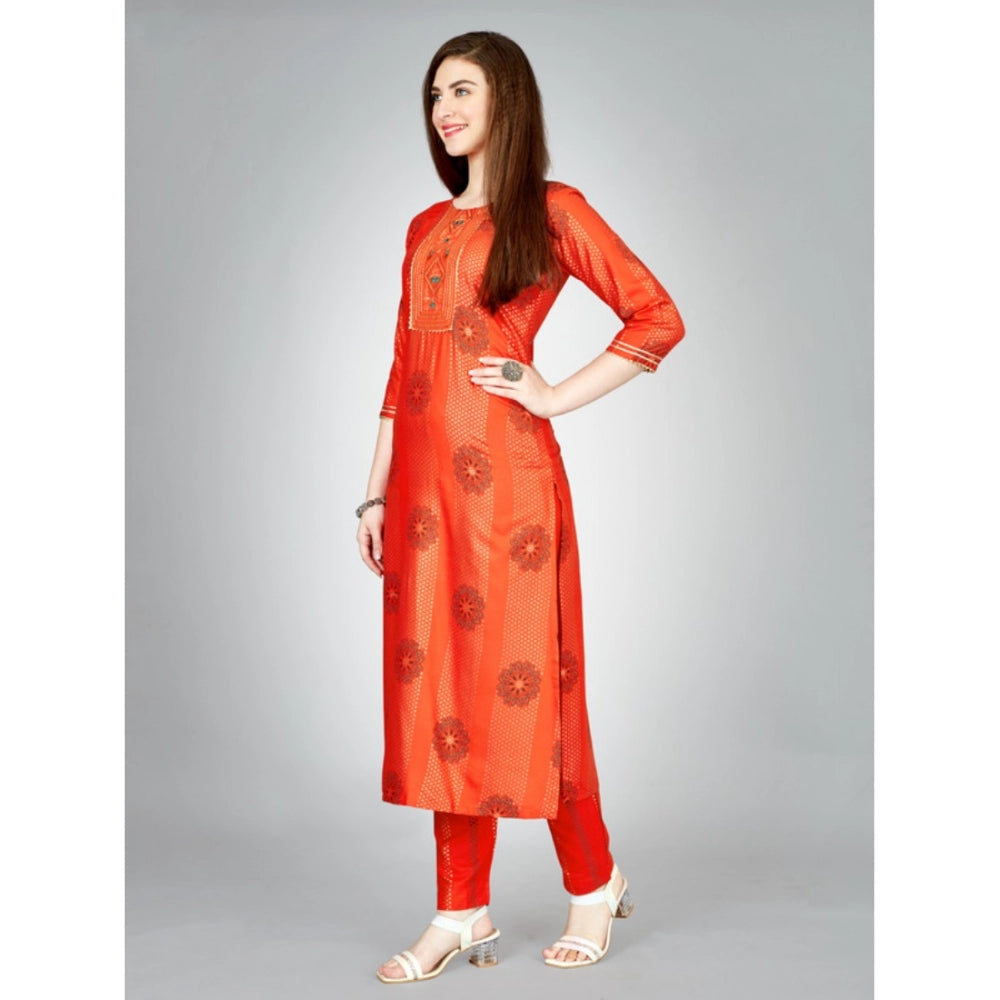 Amfyn Women's Casual 3-4 th Sleeve Embroidery Rayon Kurti Pant Set (Orange)