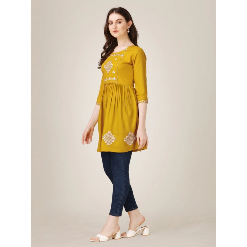 Amfyn Women's Casual 3-4 th Sleeve Embroidered Rayon Tunic Top (Mustard)