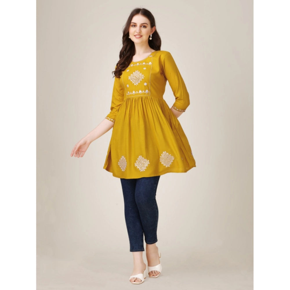 Amfyn Women's Casual 3-4 th Sleeve Embroidered Rayon Tunic Top (Mustard)