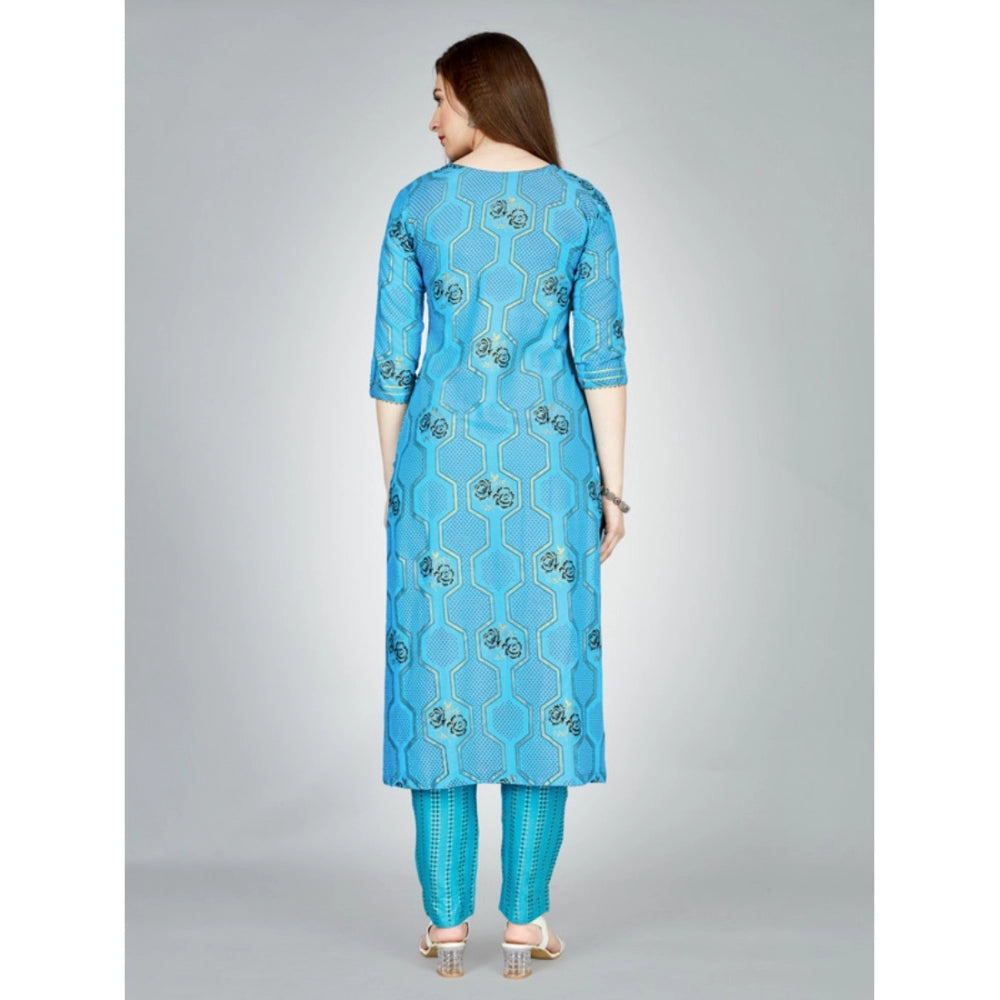 Amfyn Women's Casual 3-4 th Sleeve Embroidery Rayon Kurti Pant Set (Light Blue)