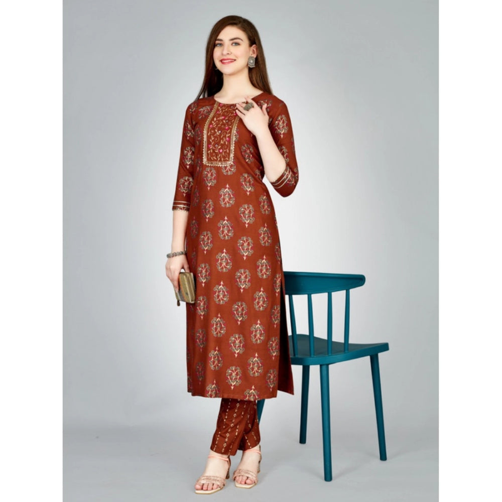 Amfyn Women's Casual 3-4 th Sleeve Embroidery Rayon Kurti Pant Set (Brown)