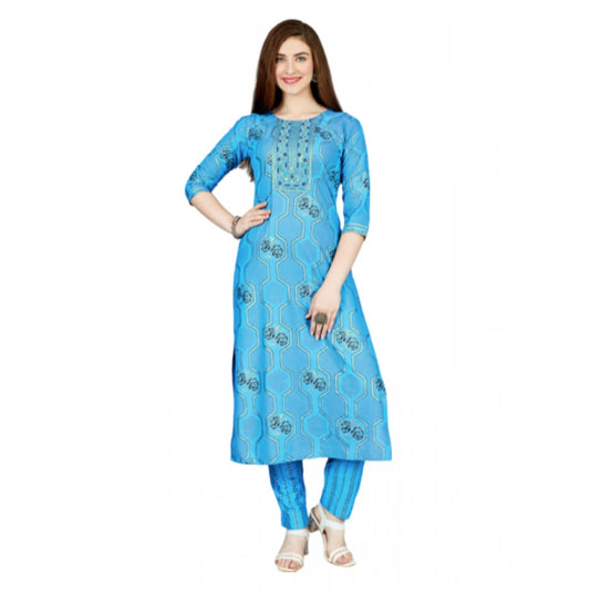 Amfyn Women's Casual 3-4 th Sleeve Embroidery Rayon Kurti Pant Set (Light Blue)