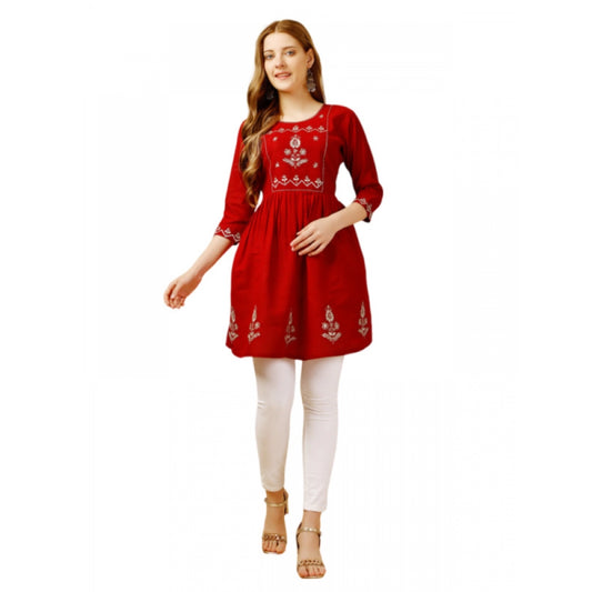 Amfyn Women's Casual 3-4 th Sleeve Embroidered Rayon Tunic Top (Red)