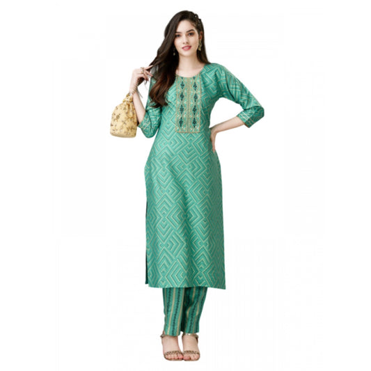 Amfyn Women's Casual 3-4 th Sleeve Embroidery Rayon Kurti Pant Set (Green)