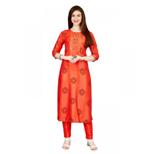 Amfyn Women's Casual 3-4 th Sleeve Embroidery Rayon Kurti Pant Set (Orange)