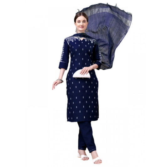 Amfyn Women's Casual 3-4 th Sleeve Embroidery Cotton Kurti Pant Dupatta Set (Dark Blue)