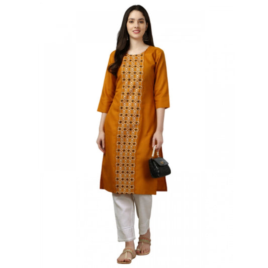 Amfyn Women's Casual 3-4 th Sleeve Embroidery Cotton Kurti (Mustard)