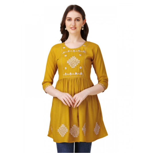 Amfyn Women's Casual 3-4 th Sleeve Embroidered Rayon Tunic Top (Mustard)