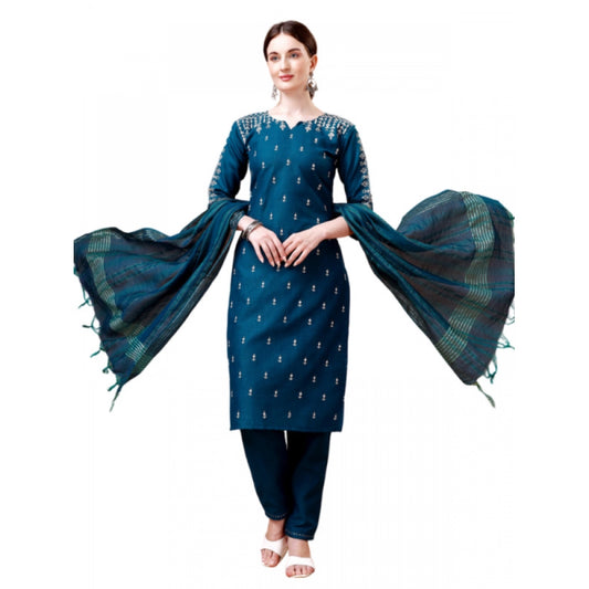 Amfyn Women's Casual 3-4 th Sleeve Embroidery Cotton Kurti Pant Dupatta Set (Blue )