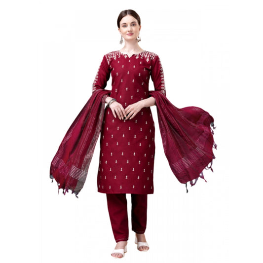 Amfyn Women's Casual 3-4 th Sleeve Embroidery Cotton Kurti Pant Dupatta Set (Maroon)