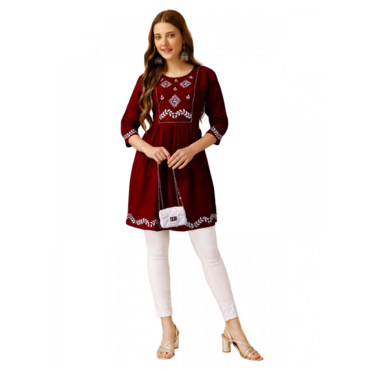 Amfyn Women's Casual 3-4 th Sleeve Embroidered Rayon Tunic Top (Maroon)