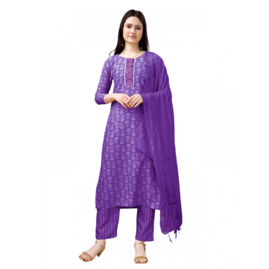 Amfyn Women's Casual 3-4 th Sleeve Embroidery Rayon Kurti Pant Dupatta Set (Purple)