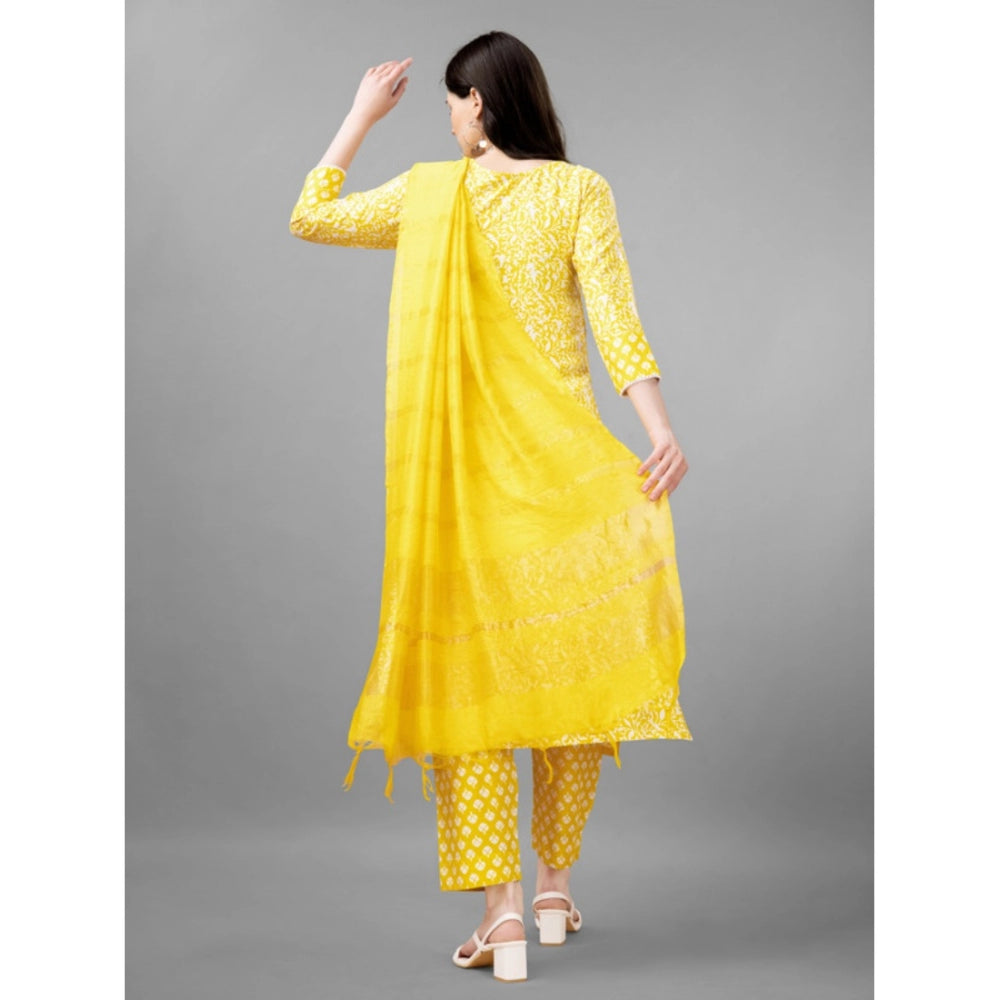 Amfyn Women's Casual 3-4 th Sleeve Embroidery Rayon Kurti Pant Dupatta Set (Yellow)