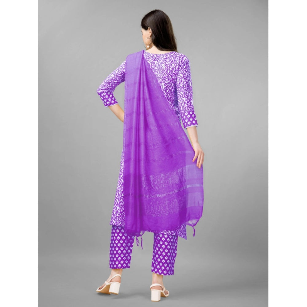 Amfyn Women's Casual 3-4 th Sleeve Embroidery Rayon Kurti Pant Dupatta Set (Purple)