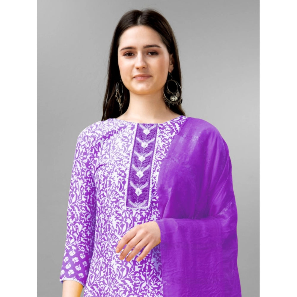 Amfyn Women's Casual 3-4 th Sleeve Embroidery Rayon Kurti Pant Dupatta Set (Purple)