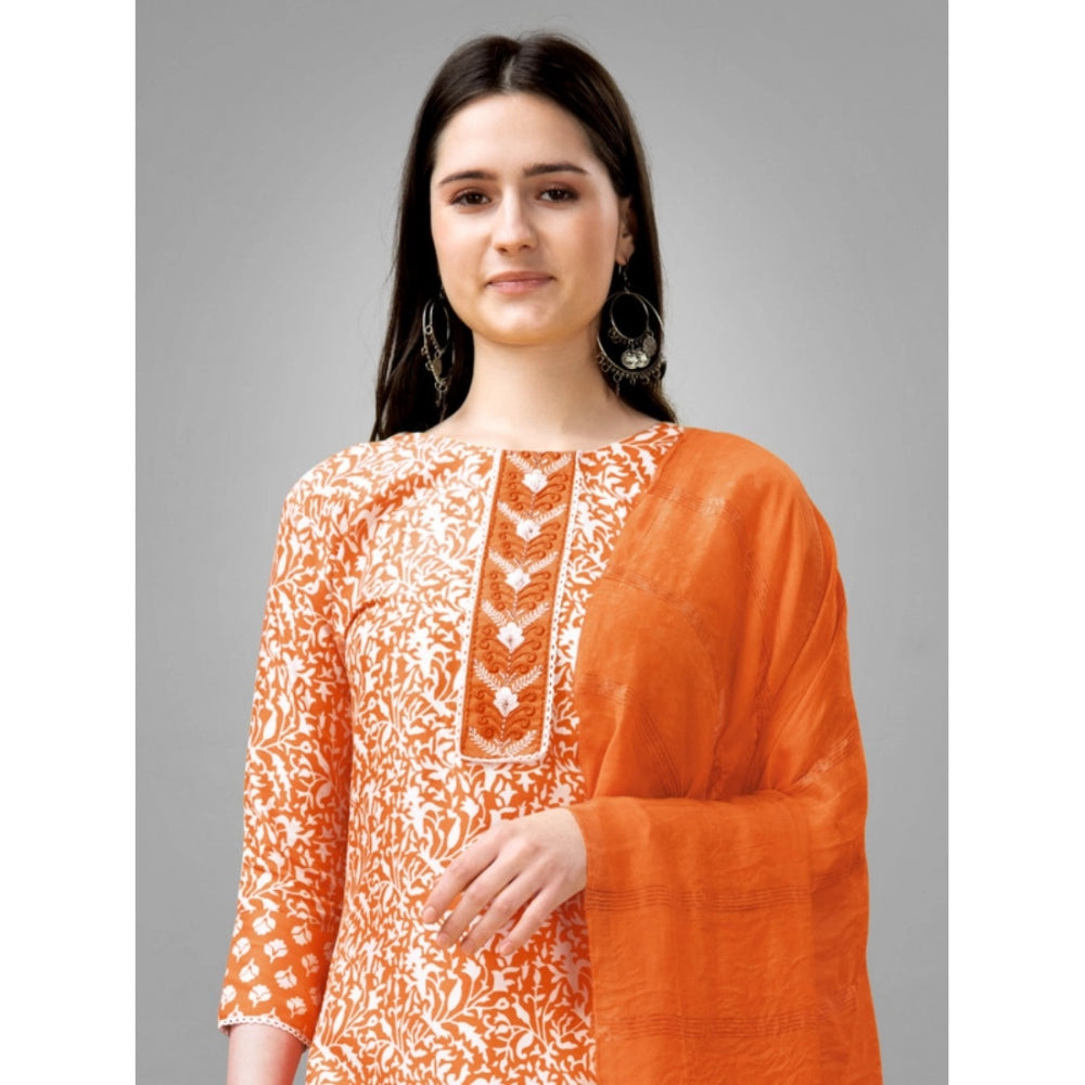 Amfyn Women's Casual 3-4 th Sleeve Embroidery Rayon Kurti Pant Dupatta Set (Orange)