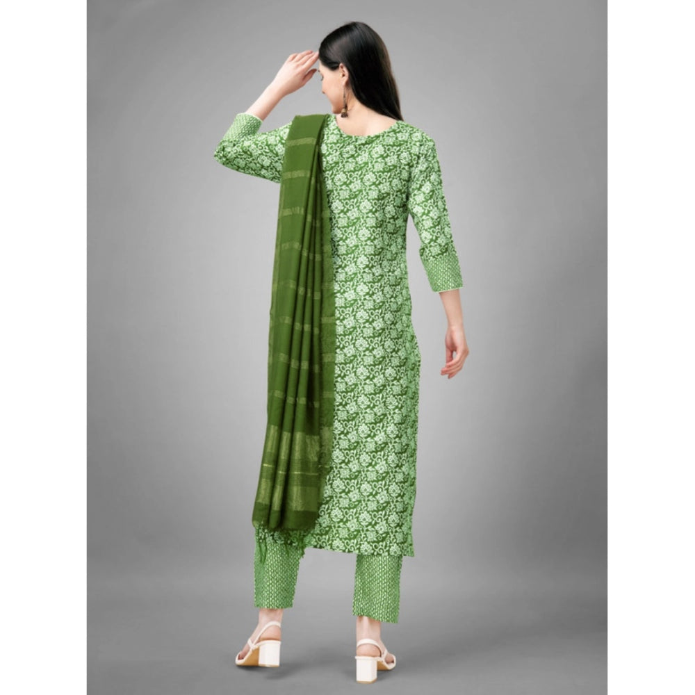 Amfyn Women's Casual 3-4 th Sleeve Embroidery Rayon Kurti Pant Dupatta Set (Green)