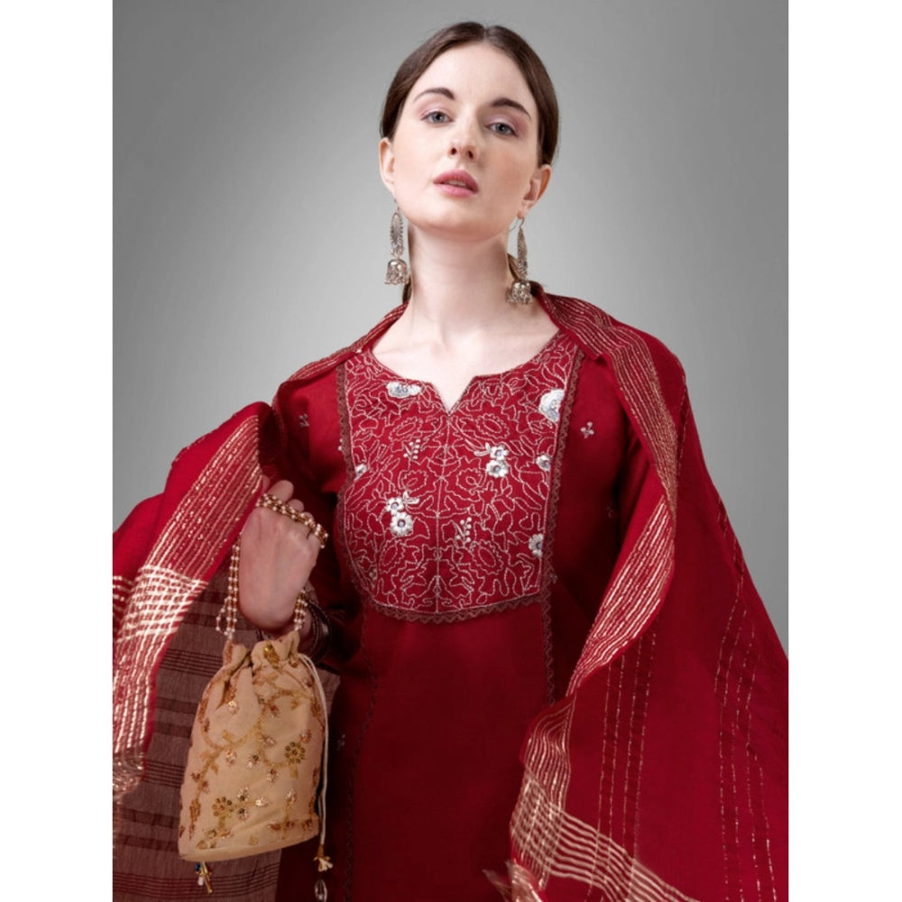 Amfyn Women's Casual 3-4 th Sleeve Embroidery Cotton Kurti Pant Dupatta Set (Maroon)