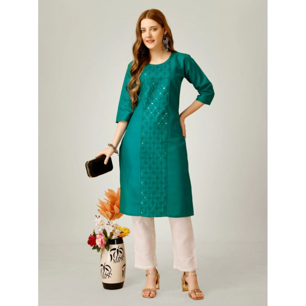 Amfyn Women's Casual 3-4 th Sleeve Embroidery Cotton Kurti Pant Set (Light Green)