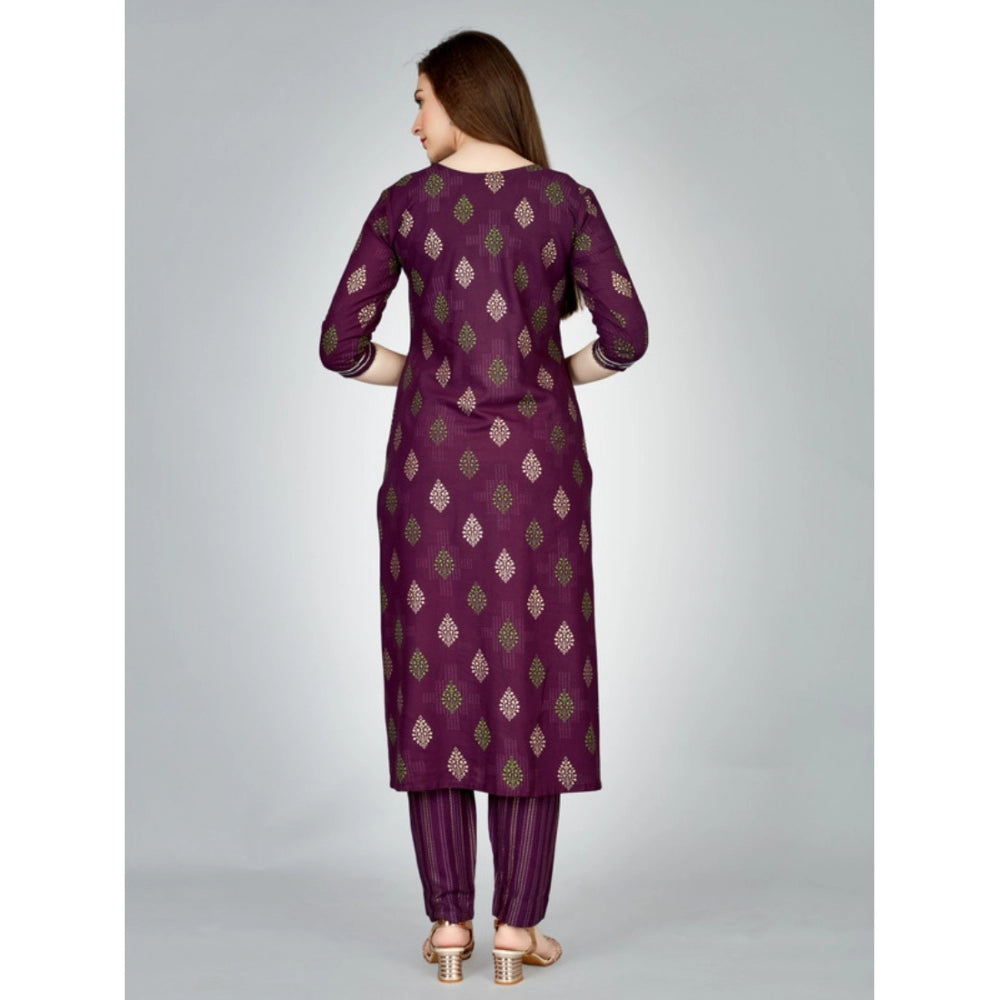 Amfyn Women's Casual 3-4 th Sleeve Embroidery Rayon Kurti Pant Set (Purple)