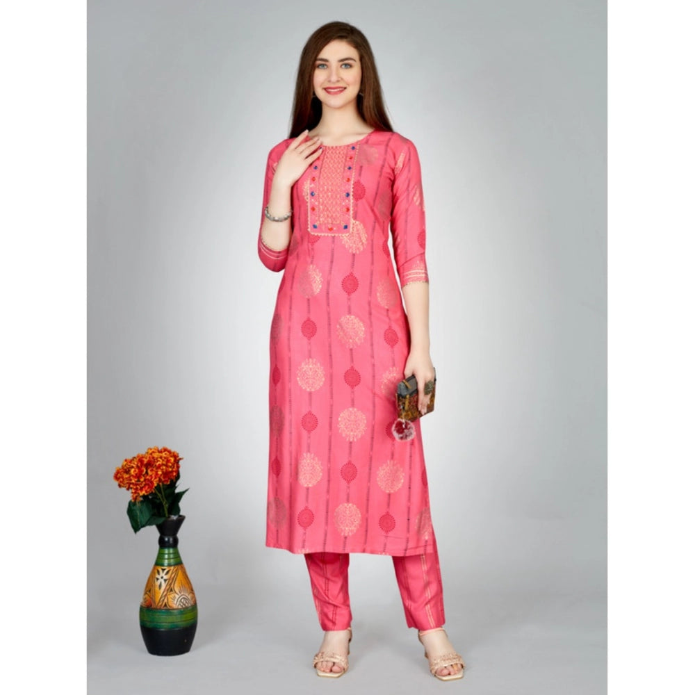 Amfyn Women's Casual 3-4 th Sleeve Embroidery Rayon Kurti Pant Set (Pink)