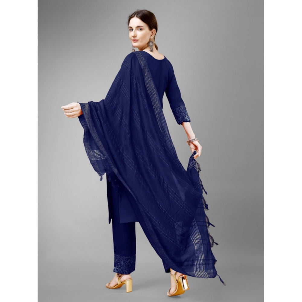 Amfyn Women's Casual 3-4 th Sleeve Embroidery Cotton Kurti Pant Dupatta Set (Dark Blue)