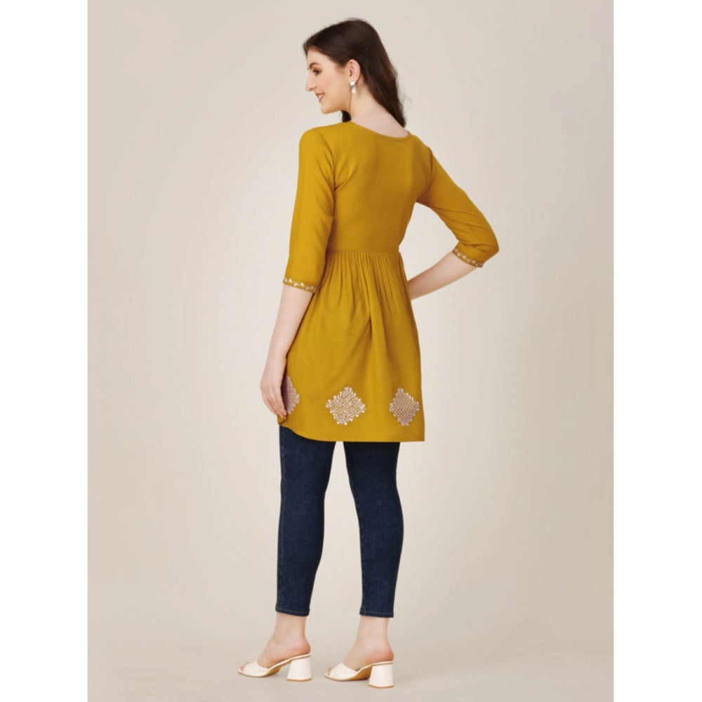 Amfyn Women's Casual 3-4 th Sleeve Embroidered Rayon Tunic Top (Mustard)