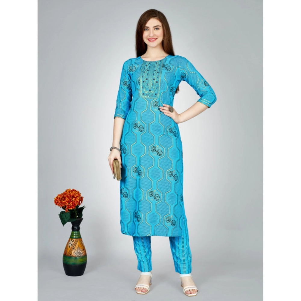 Amfyn Women's Casual 3-4 th Sleeve Embroidery Rayon Kurti Pant Set (Light Blue)