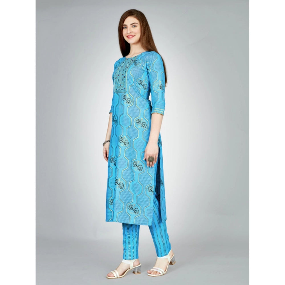 Amfyn Women's Casual 3-4 th Sleeve Embroidery Rayon Kurti Pant Set (Light Blue)