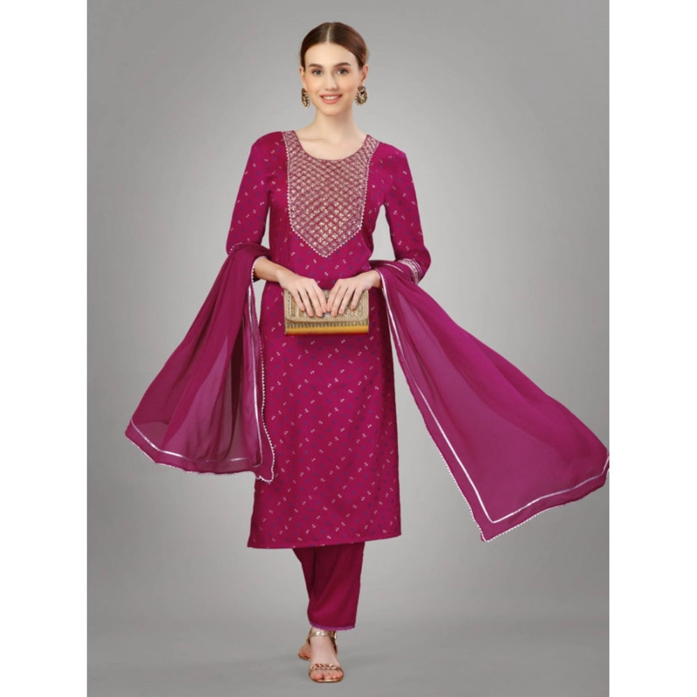 Amfyn Women's Casual 3-4 th Sleeve Embroidery Silk Blend Kurti Pant Dupatta Set (Rani)