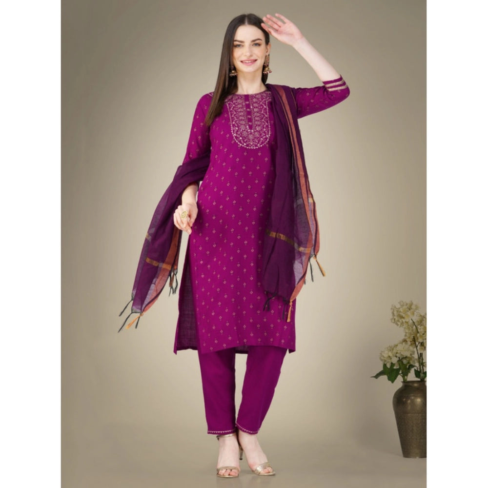 Amfyn Women's Casual 3-4 th Sleeve Embroidery Cotton Kurti Pant Dupatta Set (Purple)