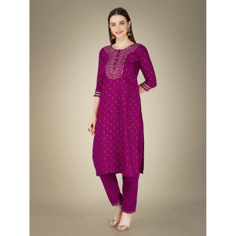 Amfyn Women's Casual 3-4 th Sleeve Embroidery Cotton Kurti Pant Dupatta Set (Purple)