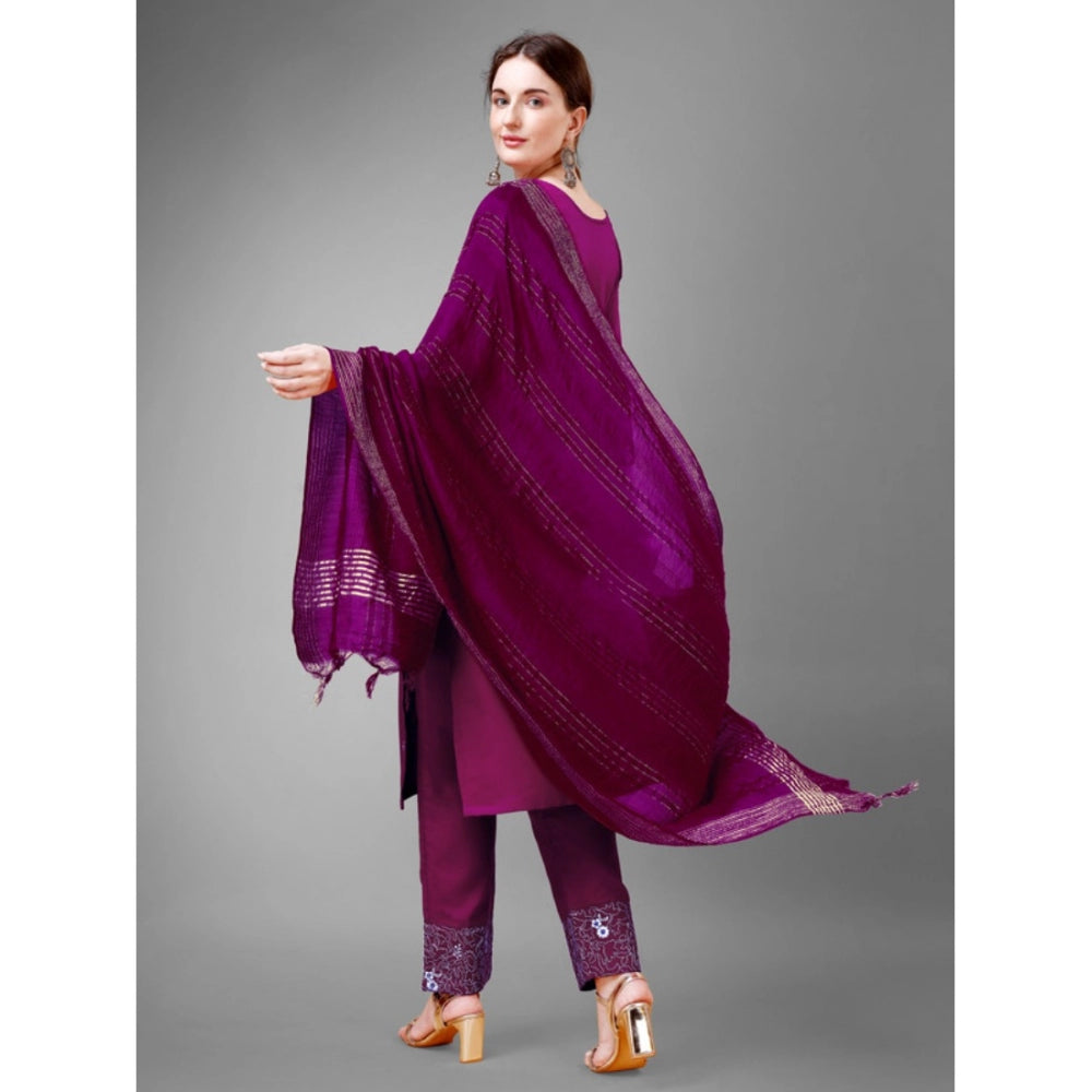 Amfyn Women's Casual 3-4 th Sleeve Embroidery Cotton Kurti Pant Dupatta Set (Purple)