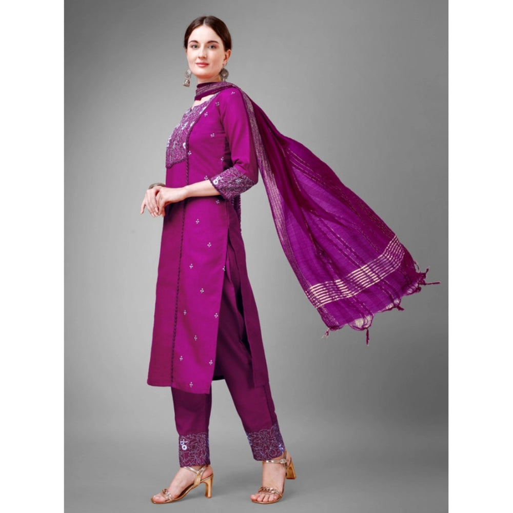 Amfyn Women's Casual 3-4 th Sleeve Embroidery Cotton Kurti Pant Dupatta Set (Purple)