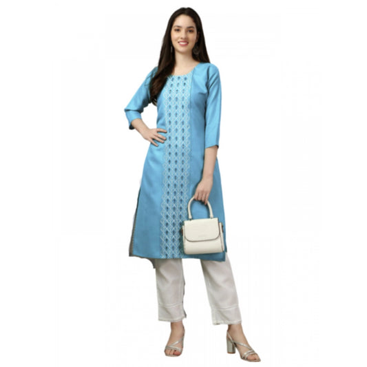 Amfyn Women's Casual 3-4 th Sleeve Embroidery Cotton Kurti (Light Blue)